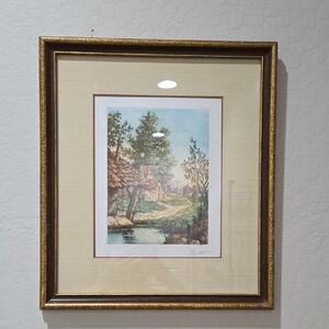 Vintage J. Bott Lithograph Hand-Colored Etching of French Countryside Framed EC